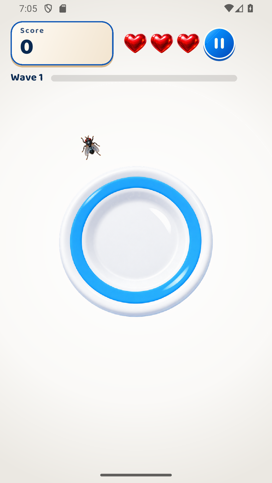 Real Bug Out gameplay showing the plate, a pest, score and three hearts