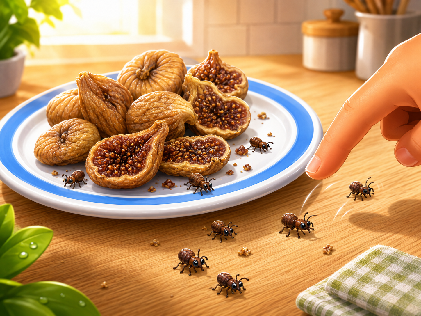 Cartoon bugs escaping from a plate of figs on a sunny kitchen table
