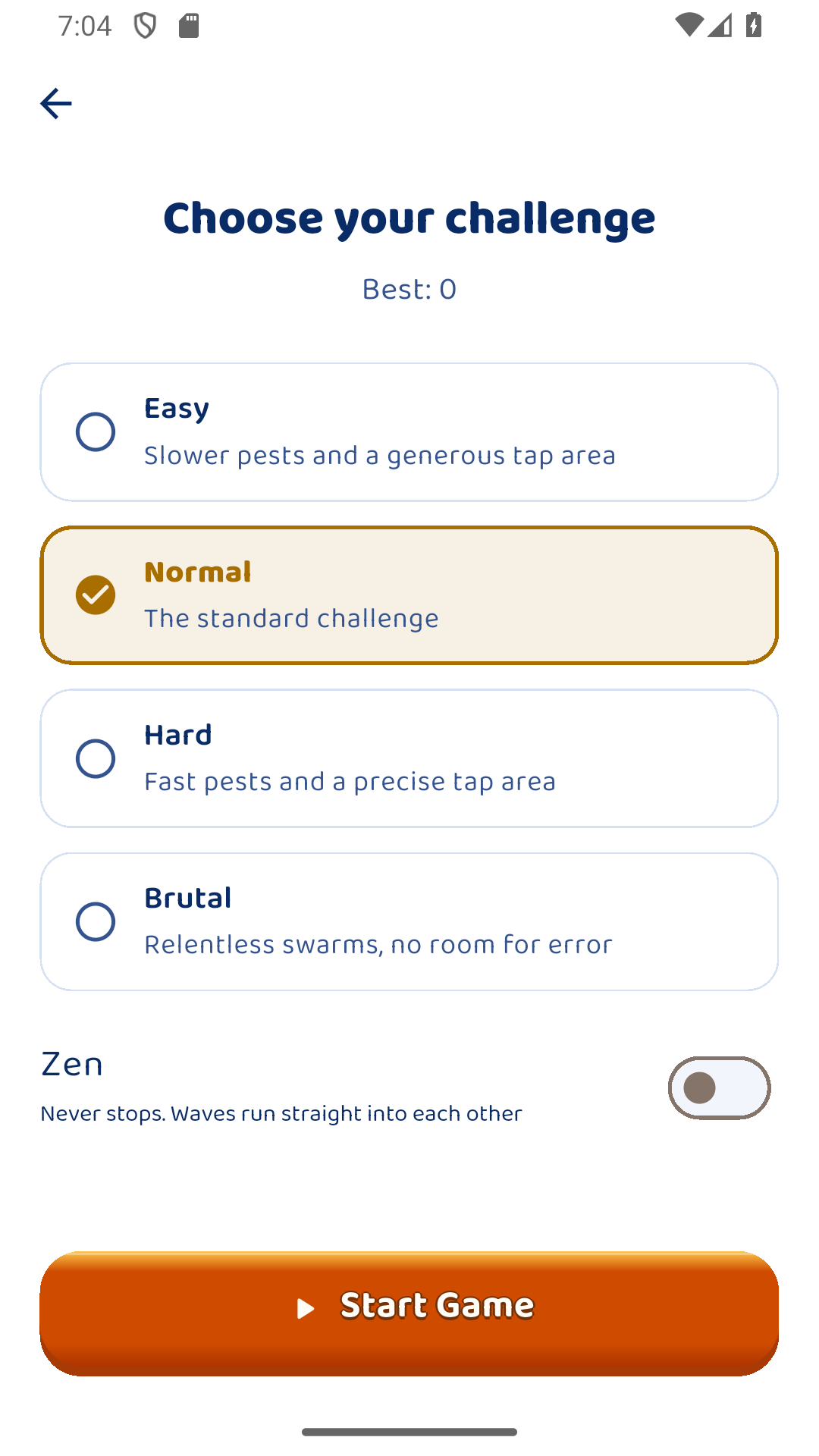 Difficulty selection with Easy, Normal, Hard, Brutal and the Zen toggle